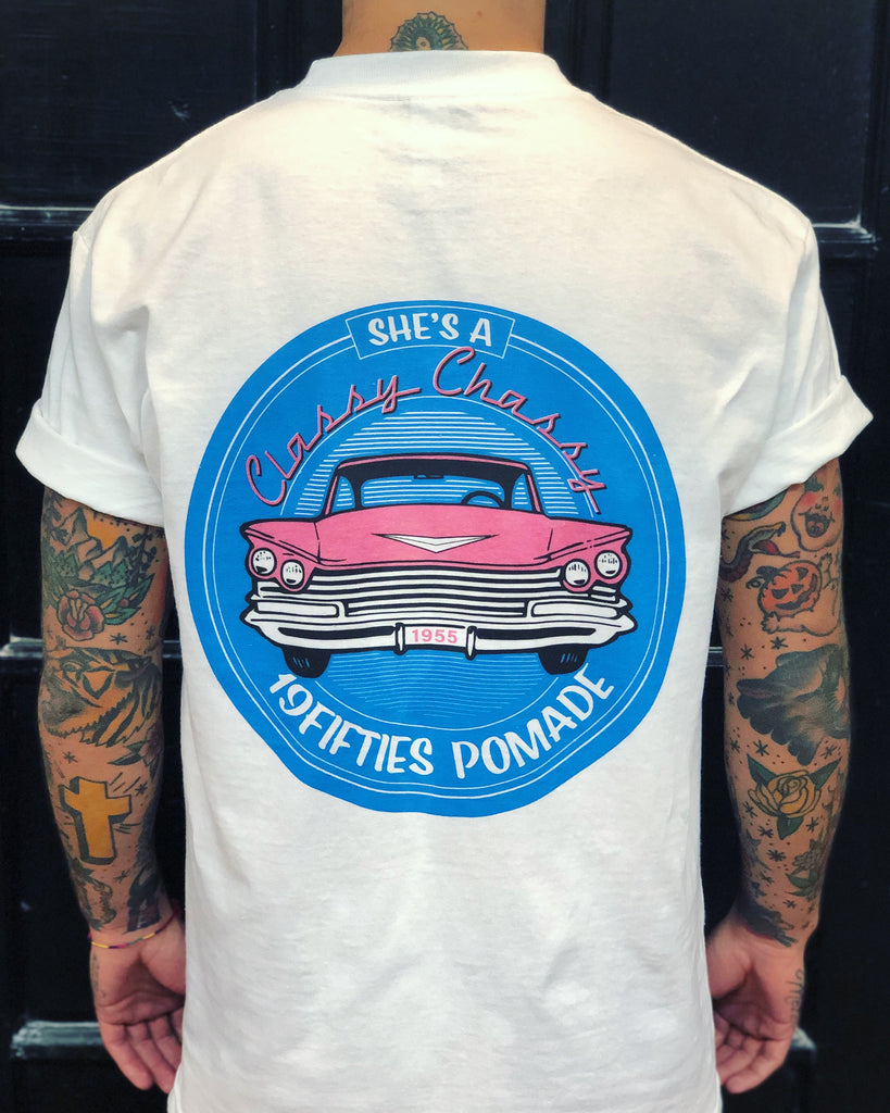 "Classy Chassy" Tee  - Baby Blue & Hot Pink On White